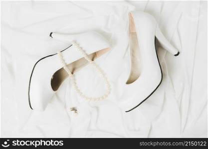 pearl necklace earrings with pair wedding high heels scarf