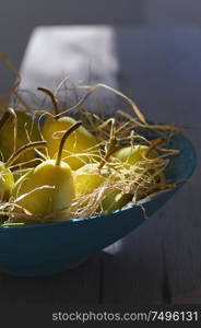 Pears in blue basket and natural sunlight