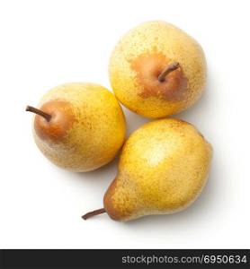 Pears isolated on white background. Rocha pear. Top view