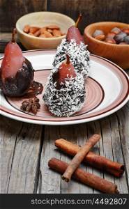 pears with chocolate syrup