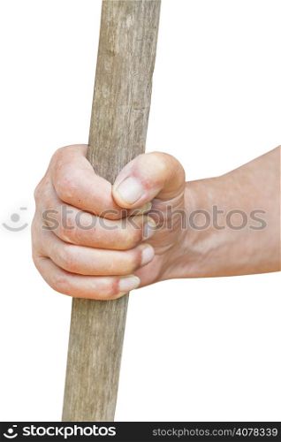 peasant hand holds old wooden cudgel isolated on white background