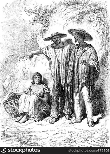 Peasants in the valley of Medellin, vintage engraved illustration. Le Tour du Monde, Travel Journal, (1872).