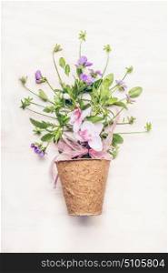 Peat pot with pretty flowers on white wooden background, top view