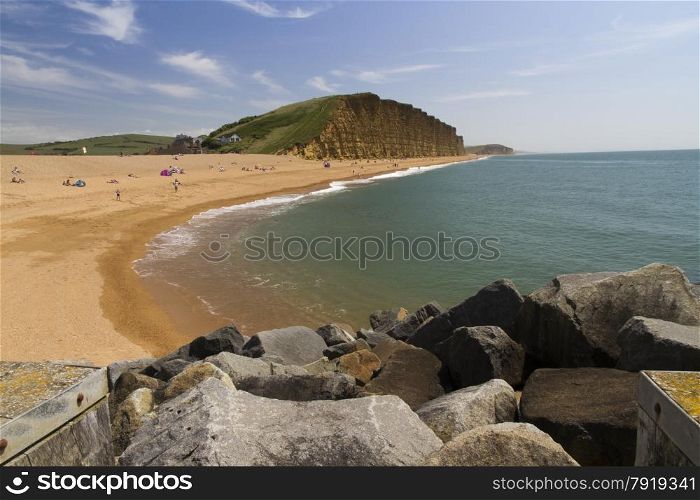 Pebbled popular beach near Bridport, Dorset, England, United Kingdom. Used for TV show Broadchurch starring David Tennant and Olivia Colman.