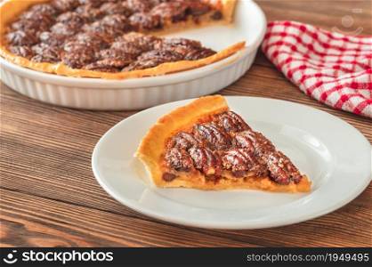Pecan pie - traditional southern US dessert on wooden table