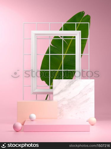 Pedestal Cube Steps Pink Template With Banana Leaf Background 3d Render