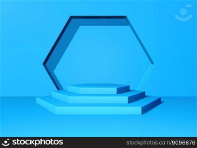 Pedestal or podium with steps and wall arch in the blue architectural abstract background