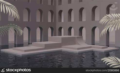 Pedestal podium selective focus beige product showcase stage among arch building with water surface and palm leaf for cosmetic presentation minimal natural abstract art 3D rendering illustration