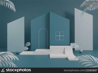 Pedestal podium selective focus navy blue jelly bean product showcase stage with mock up house and Monstera tree houseplant and palm leaves 3D rendering illustration