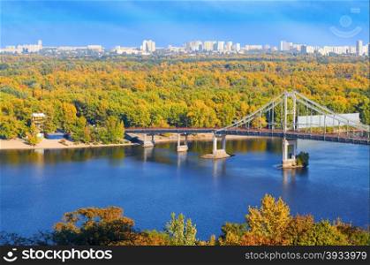 Pedestrian bridge across the Dnieper River. Autumn. Kiev. Ukraine