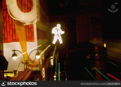 Pedestrian crossing sign lit up at night, New York City, New York State, USA