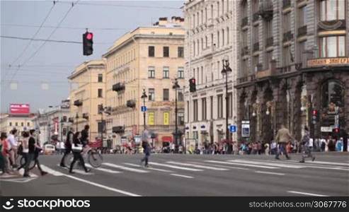 Pedestrian crosswalks on the Nevsky Avenue. It is the main street in the city of St. Petersburg.