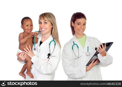 Pediatric medical team with one of his patients isolated on a white background