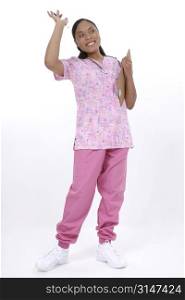 Pediatrician or pediatric nurse waving or greeting.