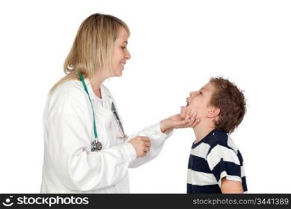 Pediatrician woman making a checkup for child isolated on white