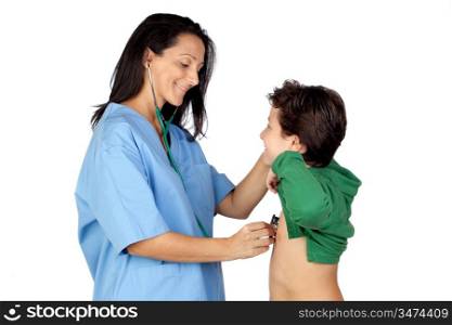 Pediatrician woman making a checkup for child isolated on white background