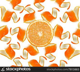Peel and slice of an orange formed sun isolated on white background.