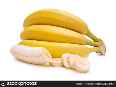peeled banana and three bananas on a white background