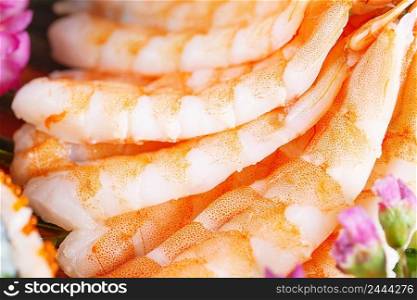 Peeled king prawns meat close-up. Selective focus. Peeled king prawns meat close-up