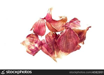 Peeled shallot &rsquo;s shell isolated on white background