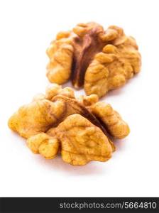 Peeled walnut close up isolated on white background