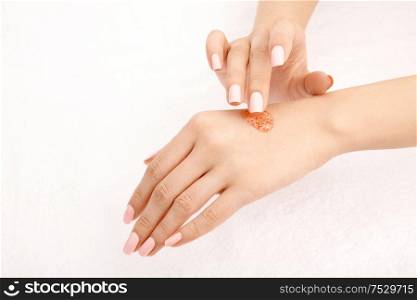 Peeling drawing on the hands, isolated on a white background