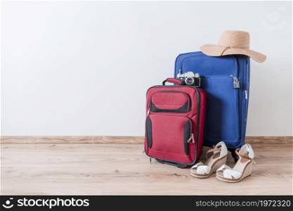 peep toe shoes hat near suitcases camera. High resolution photo. peep toe shoes hat near suitcases camera. High quality photo