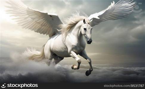 Pegasus flying in the sky realistic illustration