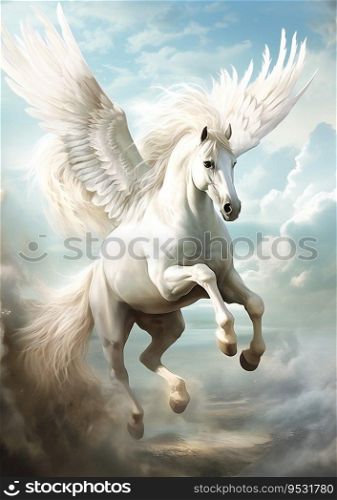 Pegasus flying in the sky, vertical realistic illustration
