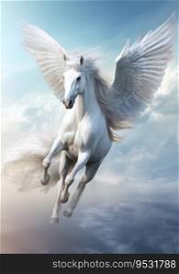 Pegasus flying in the sky, vertical realistic illustration