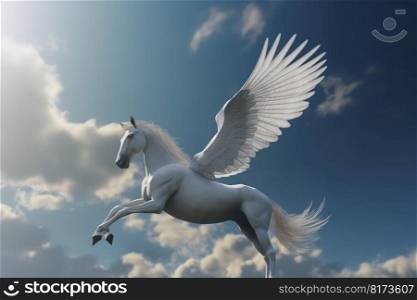 Pegasus flying on sky. Myth creature. Generate Ai. Pegasus flying on sky. Generate Ai