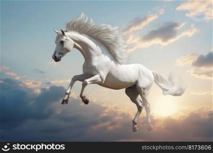 Pegasus flying on sunset sky. Myth creature. Generate Ai. Pegasus flying on sunset sky. Generate Ai