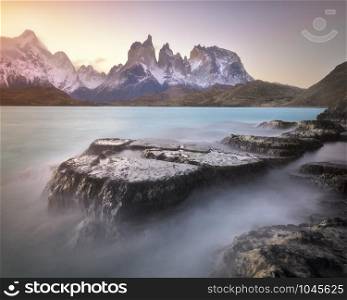 Pehoe Lake and Cuernos Peaks in the Evening, Torres del Paine National Park, Chile