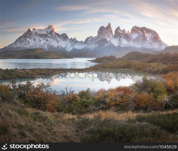 Pehoe Lake and Cuernos Peaks in the Morning, Torres del Paine National Park, Chile