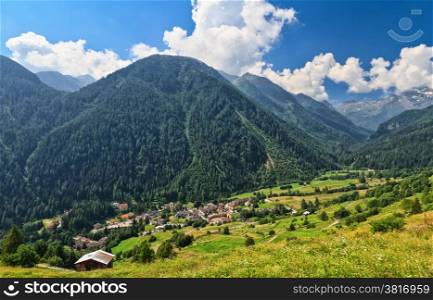 Pejo valley with Pejo village on summer, Trentino, Italy
