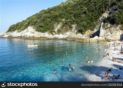 Pelion, Limnionas beach, Greece - August 11 2020: Picturesque Limnionas beach at Pelion in Greece. Picturesque Limnionas beach at Pelion in Greece