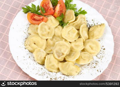 Pelmeni - traditional russian dish. Close up with tomato