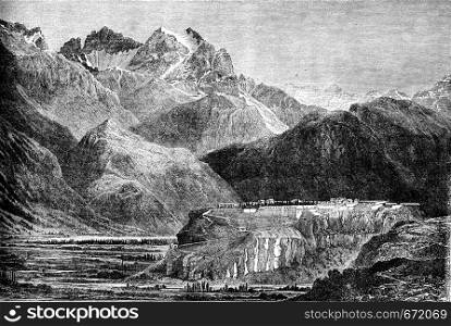 Pelvoux and Ailefroide seen from Mont-Dauphin, vintage engraved illustration. Le Tour du Monde, Travel Journal, (1872).