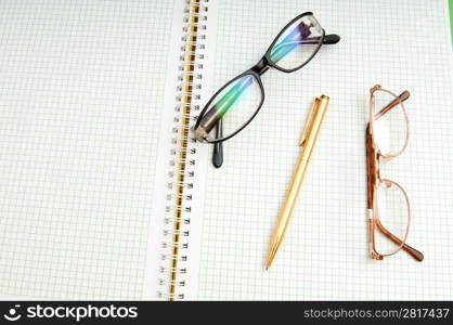 Pen and eye glasses on the page