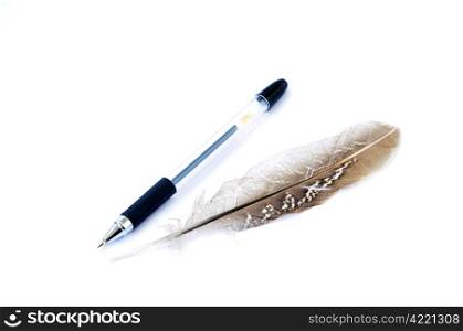 Pen and feather on a white background