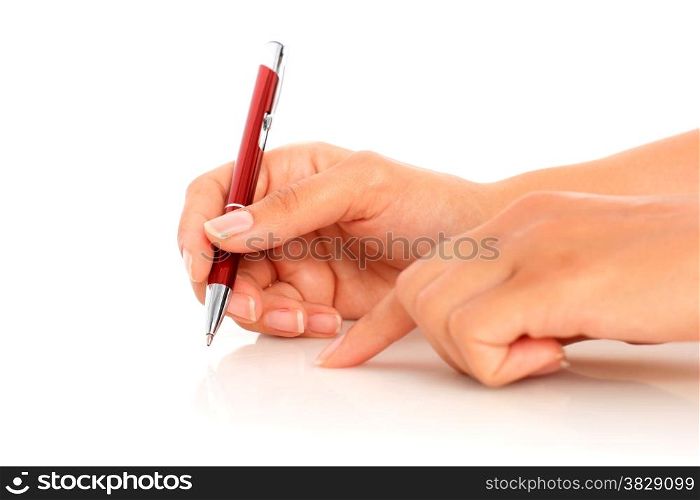 Pen in hand isolated over white.