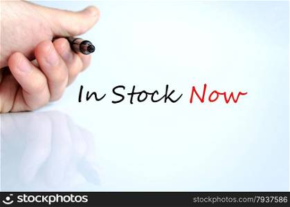 Pen in the hand isolated over white background and text In stock now