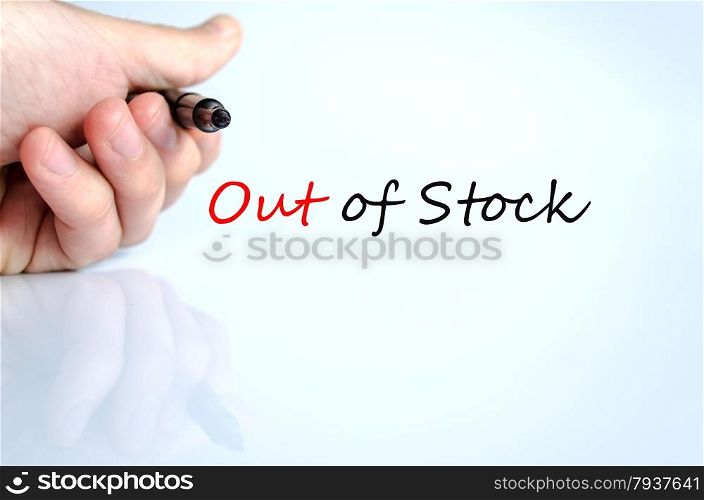 Pen in the hand isolated over white background and text Out of stock