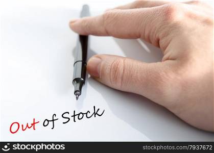 Pen in the hand isolated over white background and text Out of stock