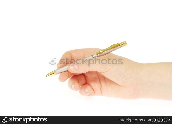 pen in woman hand isolated on white background