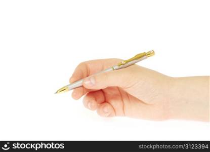 pen in woman hand isolated on white background
