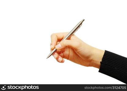 Pen in woman hand isolated on white background