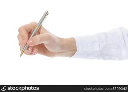 Pen in woman hand. Isolated on white background