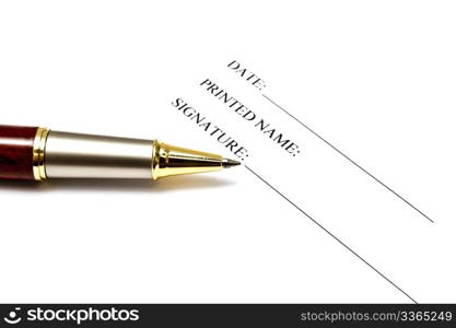 Pen isolated on a blank signature paper