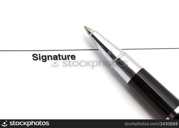 Pen isolated on a blank signature paper